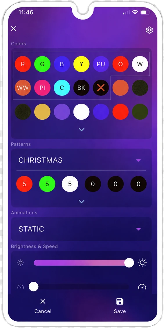 The Trimlight Edge app color, pattern and animation screen, shown with the selected scene
